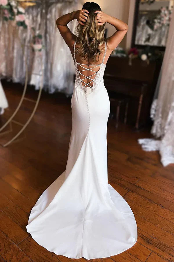 Simple Elegant Mermaid Sweetheart Elastic Satin Long Beach Wedding Dresses Slit