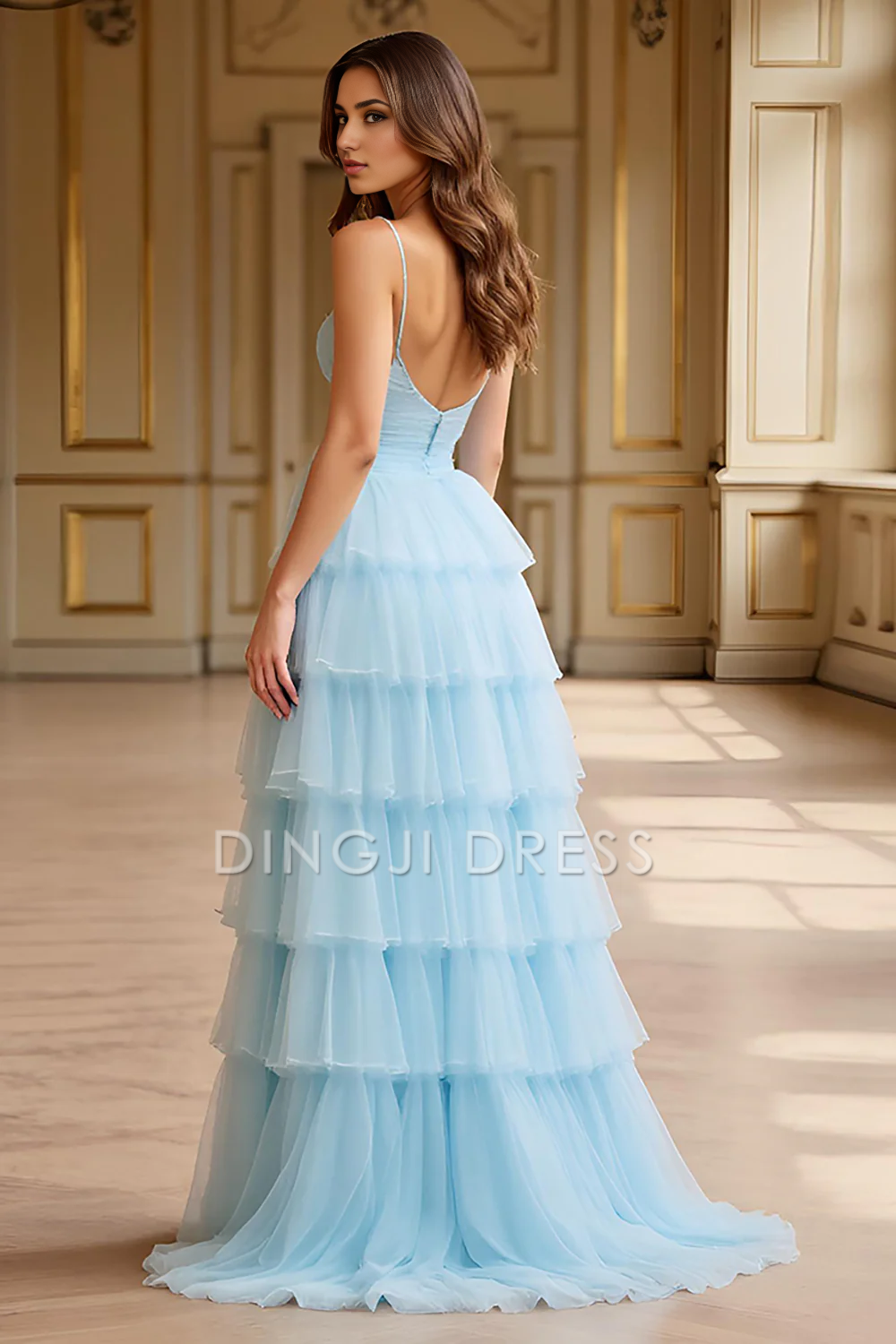DingJiDress High Quality Dress Romantic A Line Spaghetti Straps Sweetheart Backless Ruched Tiered Long With Slit Prom Dress