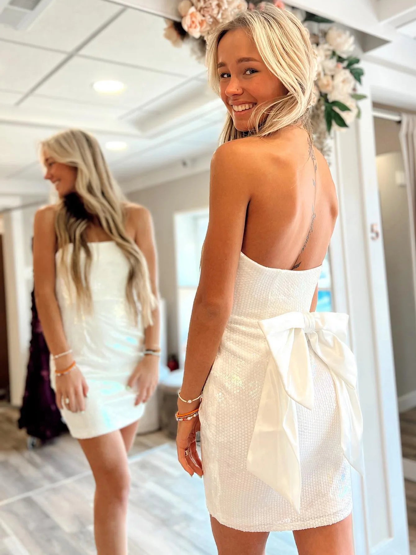 White Bow Strapless Sparkly Homecoming Dress With Bow