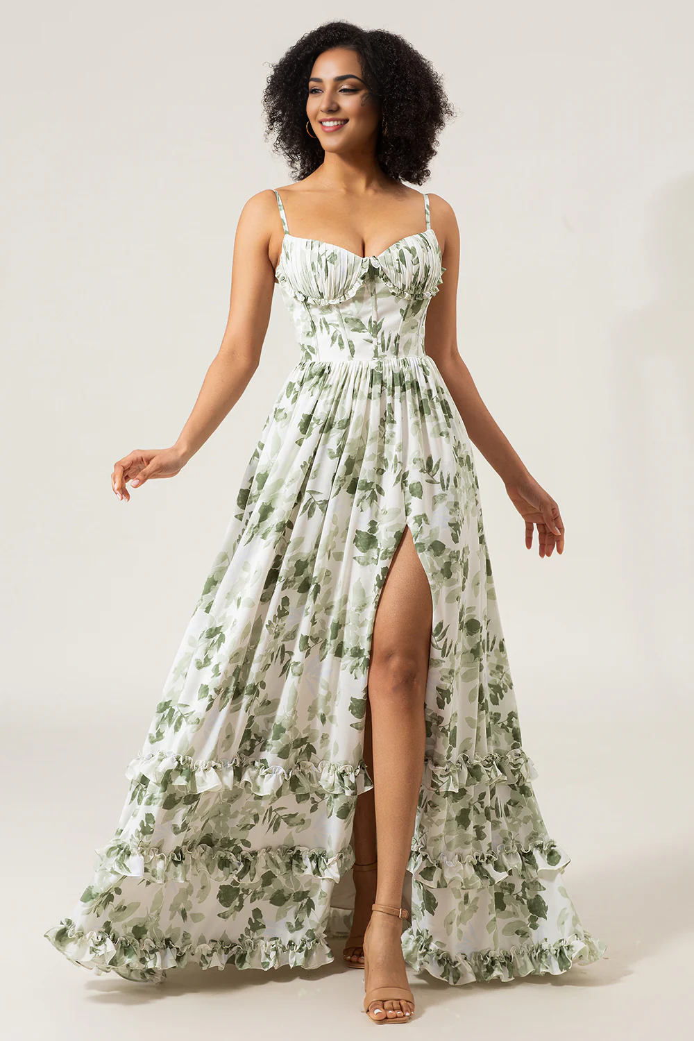 DingJiDress A-Line Wedding Guest Dresses Spaghetti Straps Printed Long Green Bridesmaid Dress With Slit Prom Dresses