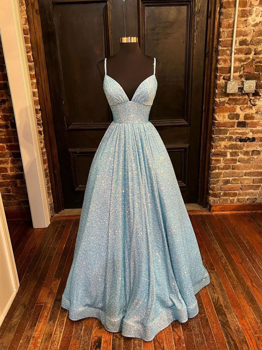 Simple blue v neck sequin long prom dress A line blue evening dress
