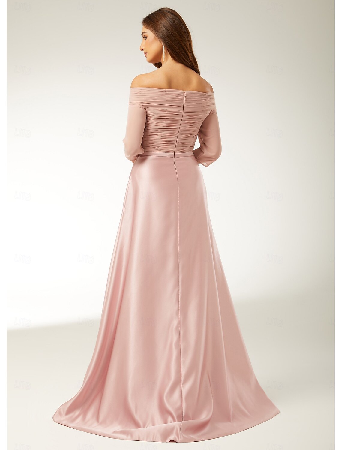 A-Line Evening Gown Elegant Dress Engagement Floor Length Half Sleeve Off Shoulder Fall Wedding Guest Chiffon with Ruched