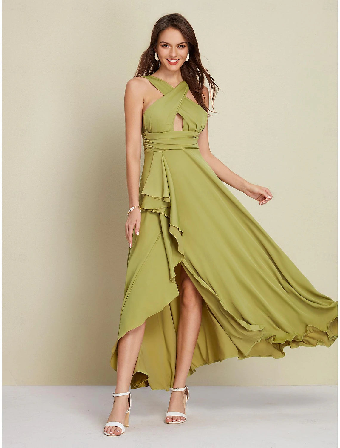 Women's Army Green Maxi Party/Wedding Guest /Cocktail Dress Satin Green Halter Neck Front Slit Cut-out Asymmetrical Ruffle dress to impress