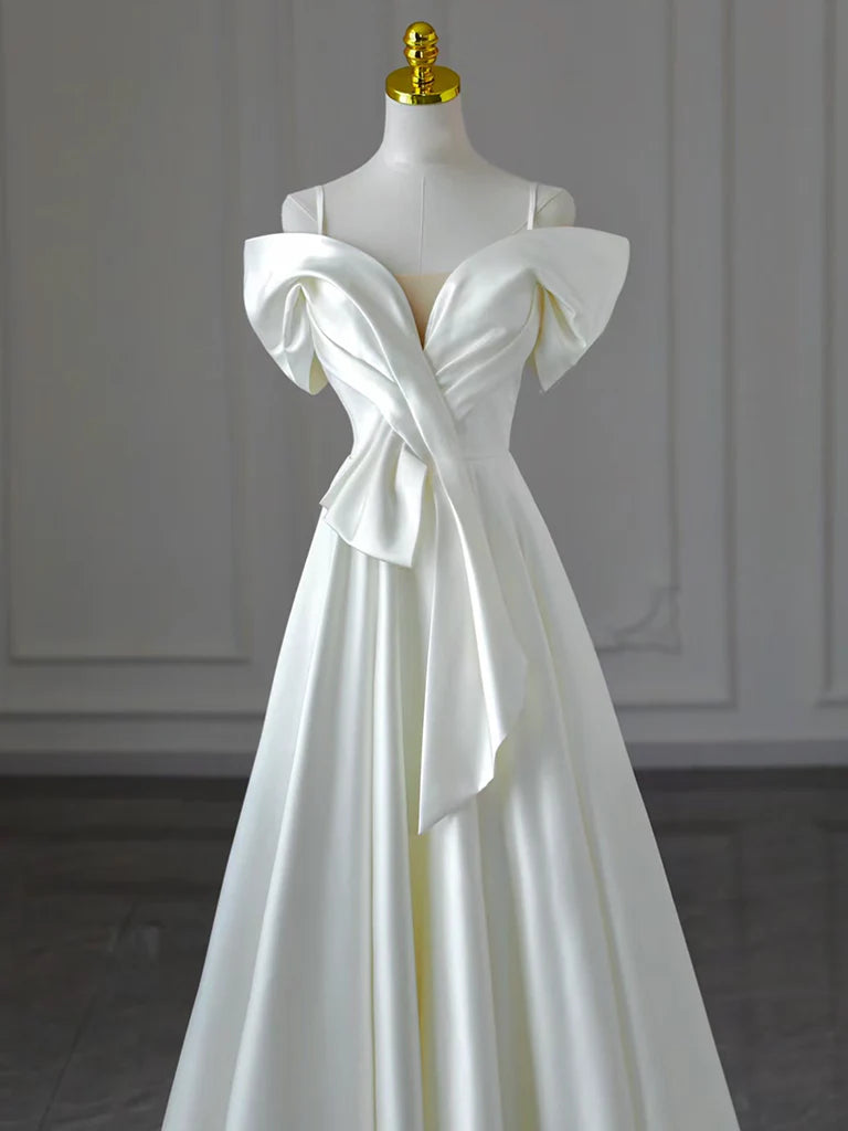A-Line Off Shoulder Satin White Long Prom Dress White Long Formal Dress