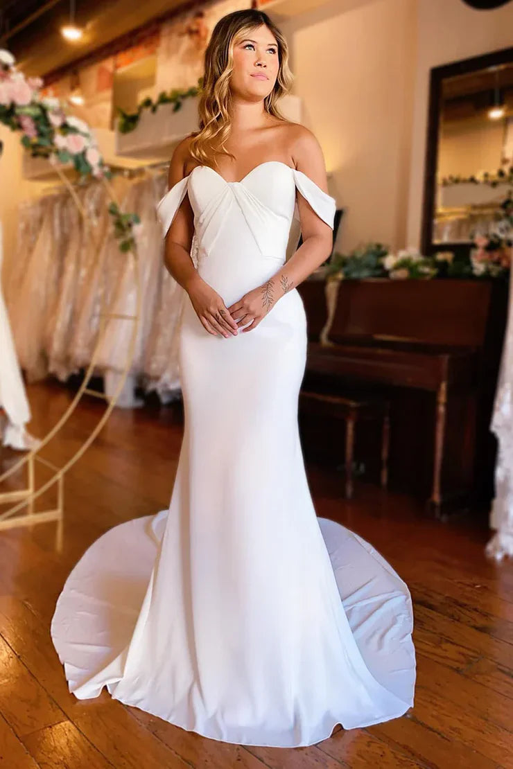 Elegant Mermaid Off the Shoulder Elastic Satin Long Beach Wedding Dresses