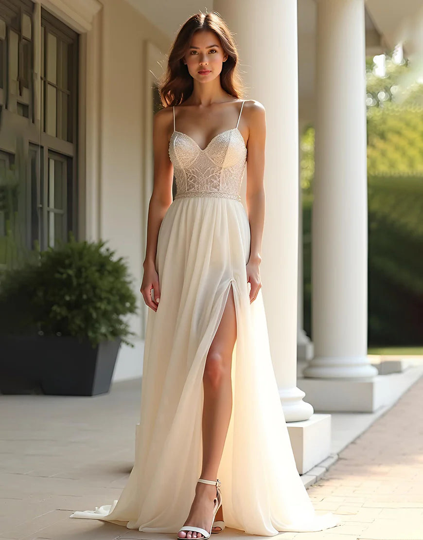 Champagne colored decal A-line version long slit ball gown