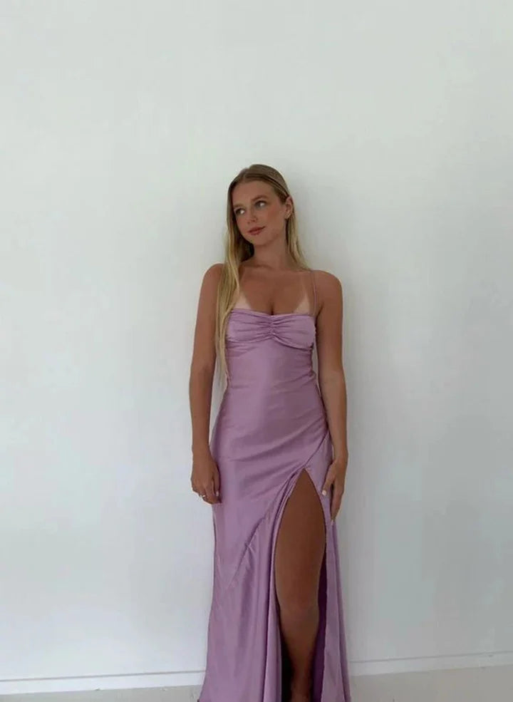 Beautiful Straps Light Purple Slit Long Prom Dress, Satin Long Formal Dress
