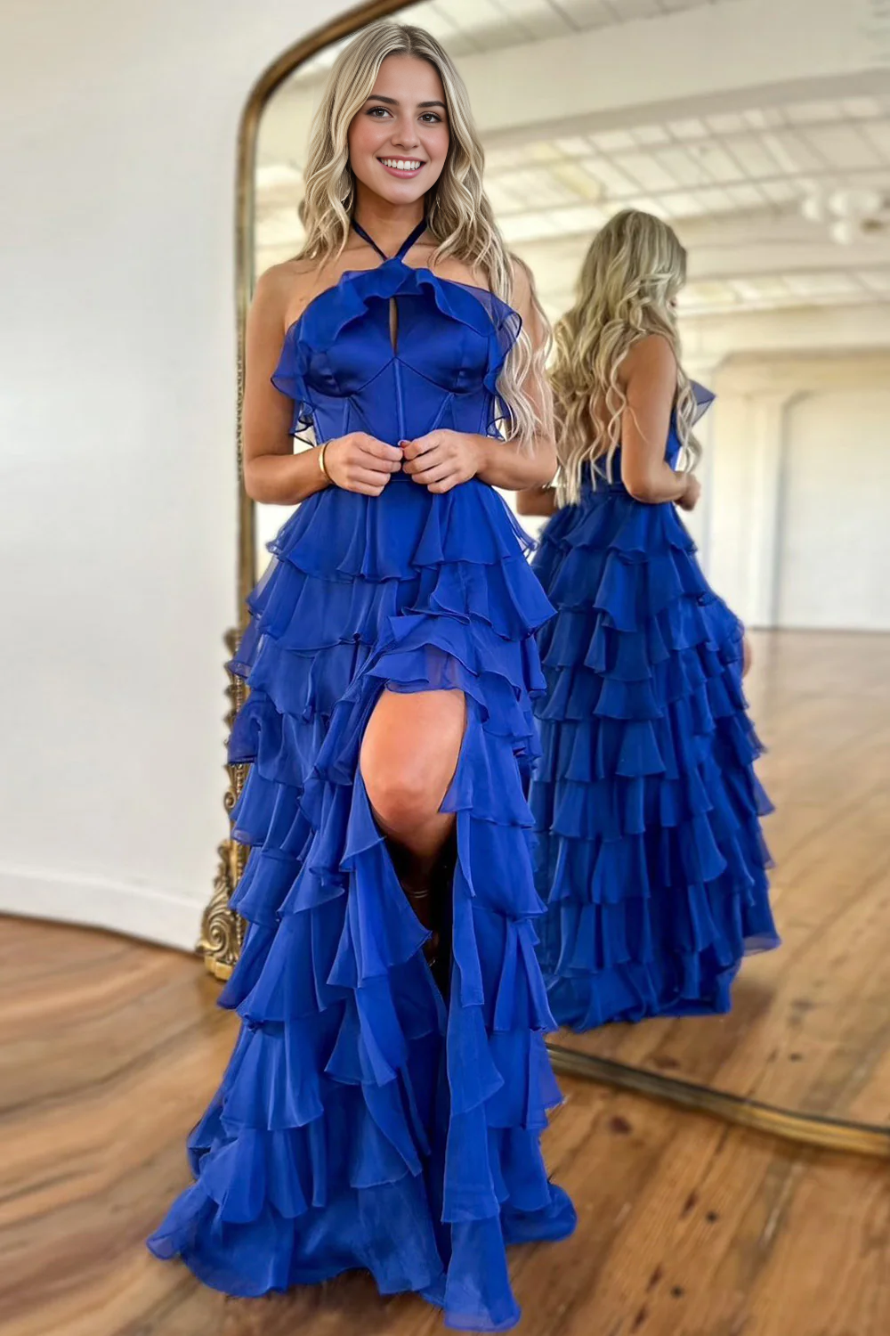 DingJiDress Cute A-Line Halter Neck Long Tiered with Slit Elegant Prom Dress