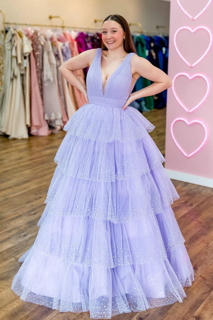 Sparkling A-line V-neck lavender ruffled layered long ball dress with bead embellishments