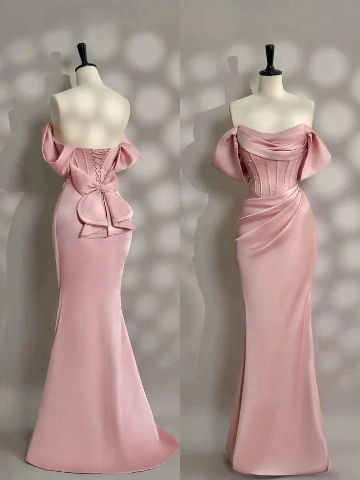 Minimally designed long pink satin off shoulder ball gown and evening gown