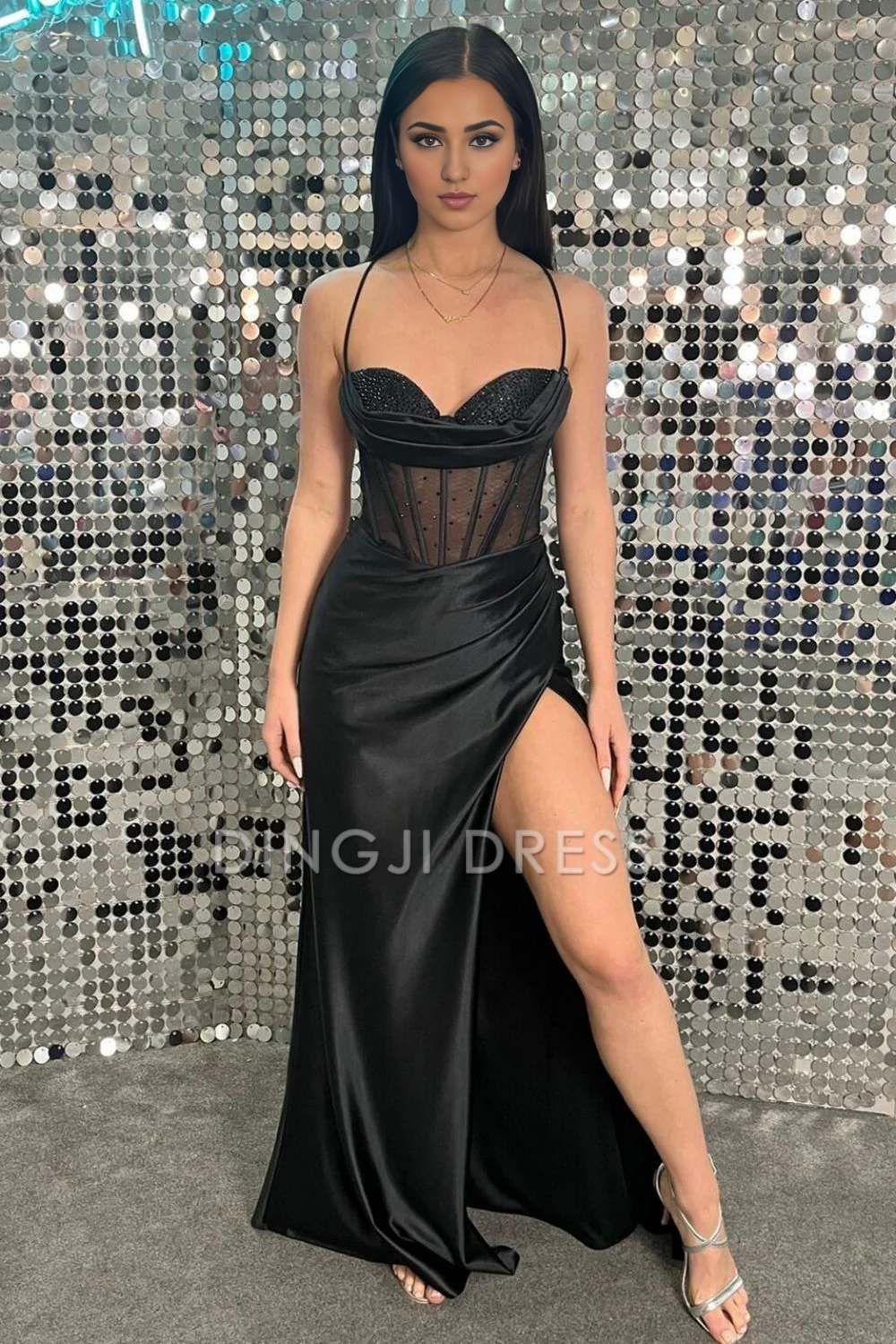 DingJiDress Stunning Mermaid Spaghetti Straps Corset with Beading Side Fork Prom Dress