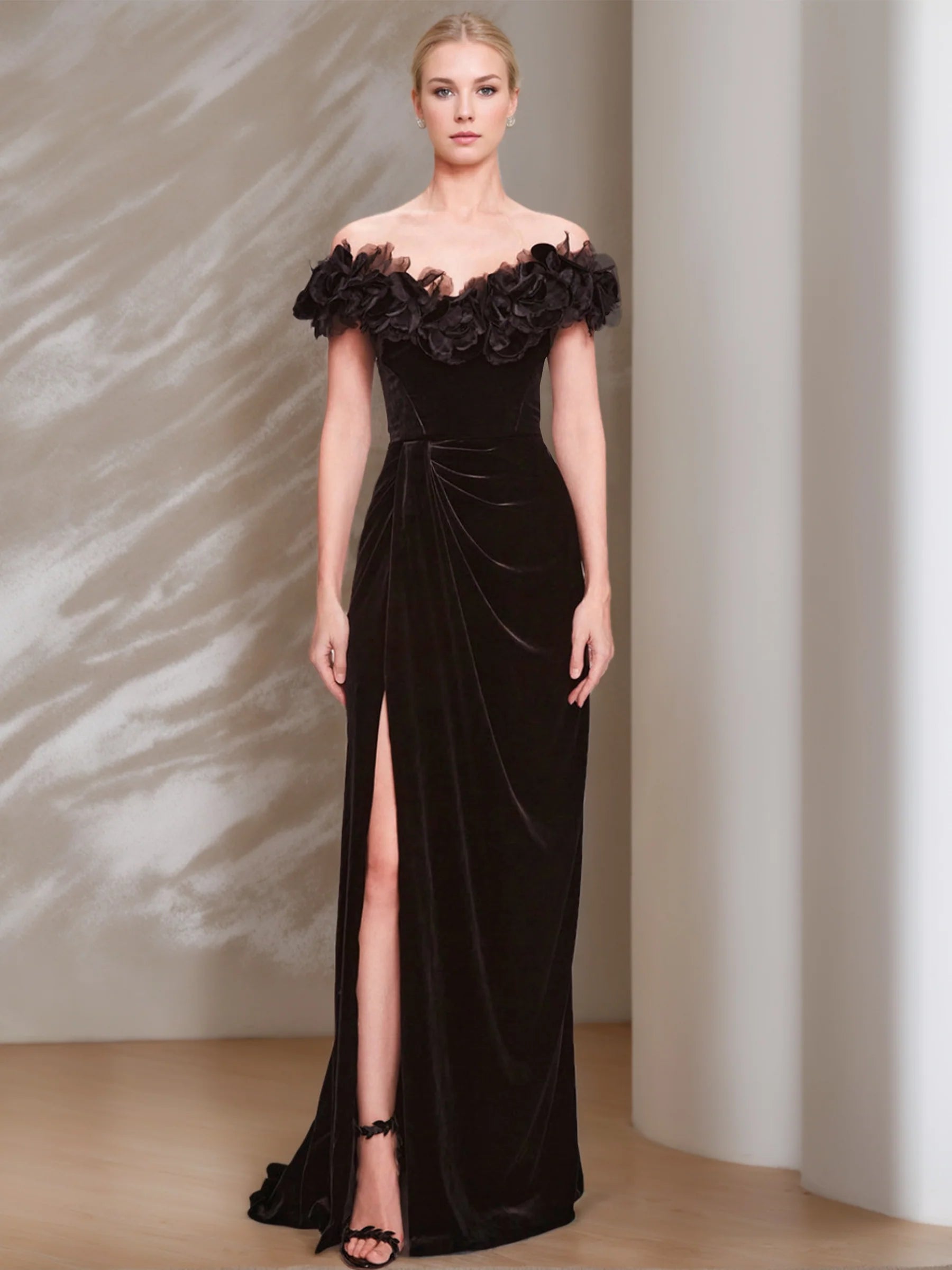 Long slim fit stand up collar off shoulder short sleeved floor opening velvet evening gown