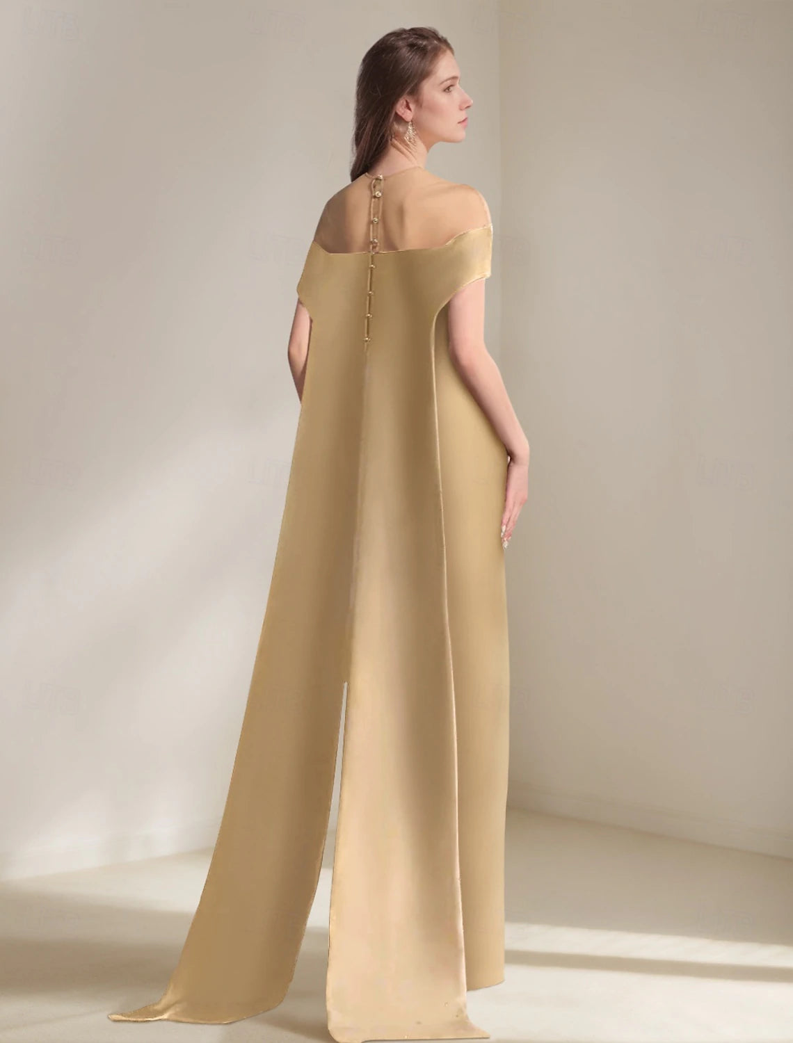 Sheath Evening Gown Elegant Dress Wedding Guest Floor Length Short Sleeve Off Shoulder Satin with Glitter Crystals