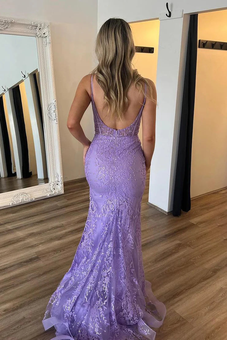Mermaid round neck light purple long ball dress with decals