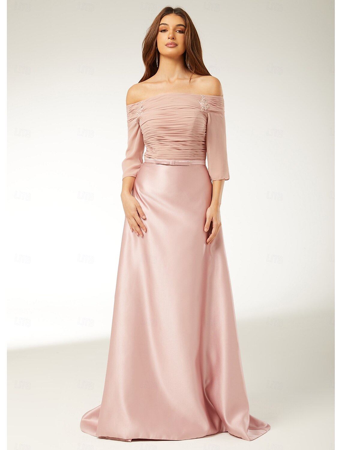 A-Line Evening Gown Elegant Dress Engagement Floor Length Half Sleeve Off Shoulder Fall Wedding Guest Chiffon with Ruched
