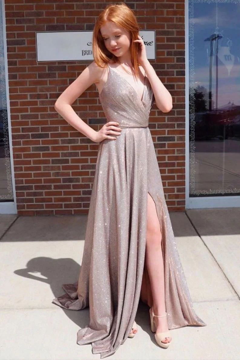 Simple v neck sequin satin long prom dress sequin evening dress