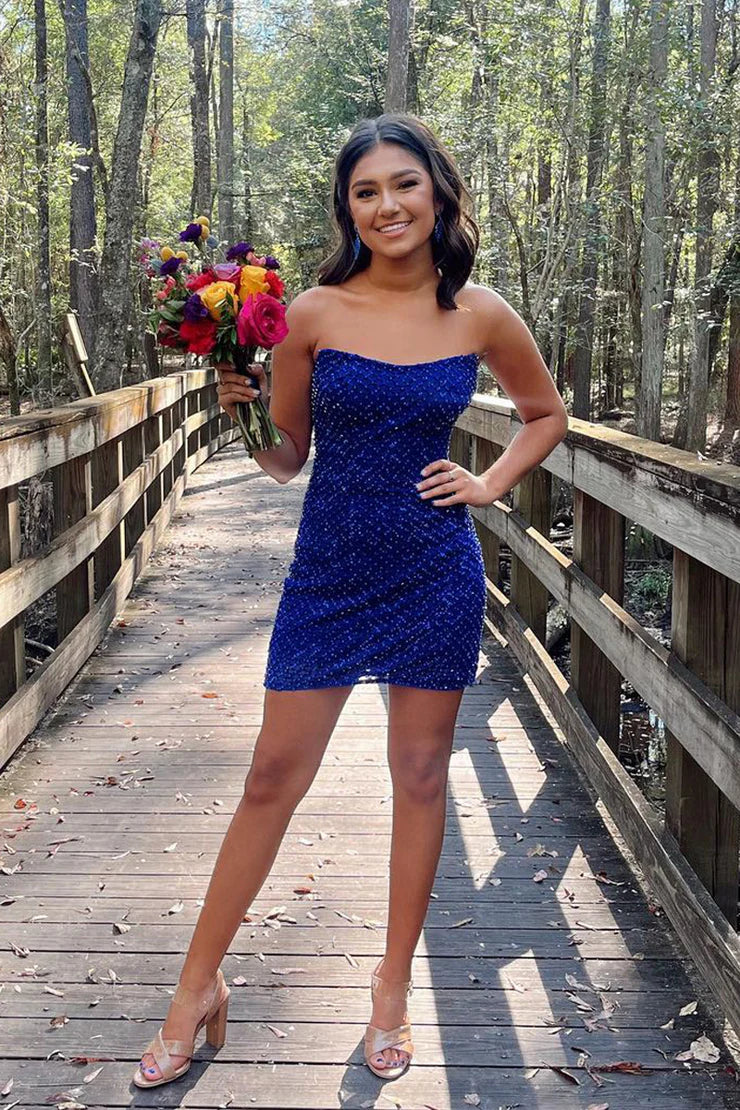Strapless Royal Blue Sequins Short Homecoming Dresses