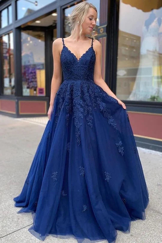 Charming Dark Blue A-Line V Neck Sleeveless Lace Appliques Lace-Up Floor-Length Prom Dress