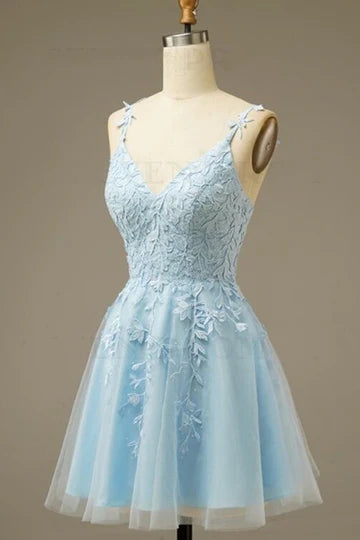 Light Blue Appliques A-line Short Homecoming Dress