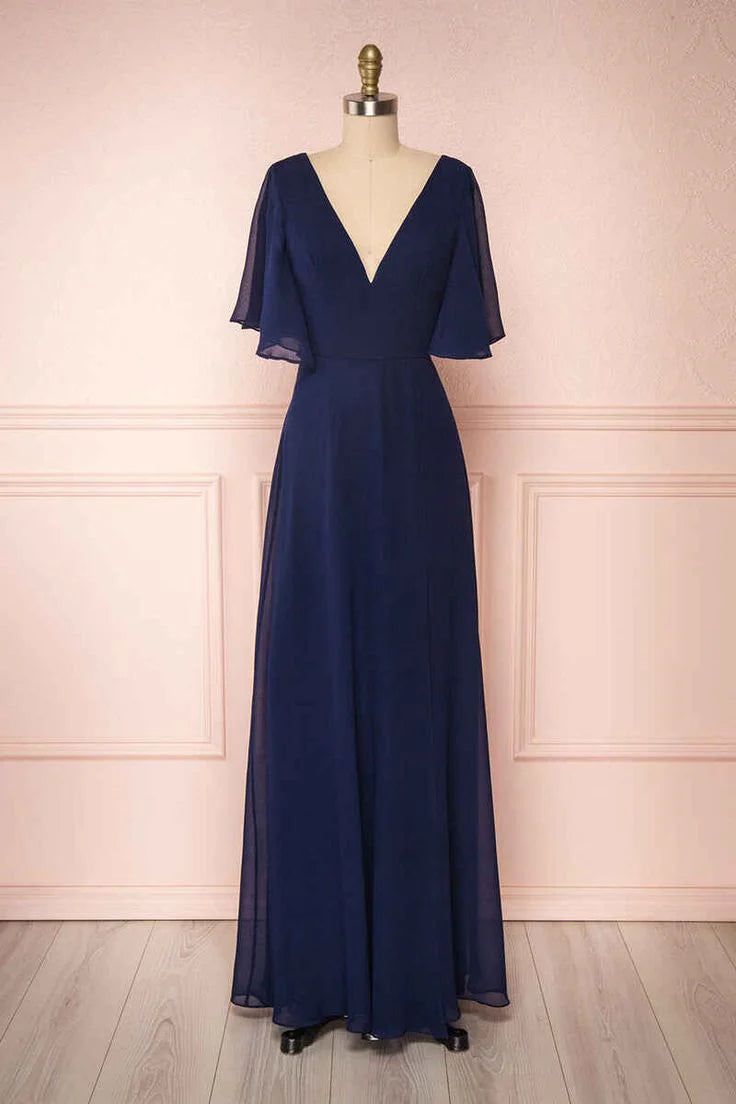 Fashionable and elegant navy blue chiffon V-neck pleated sleeve long skirt
