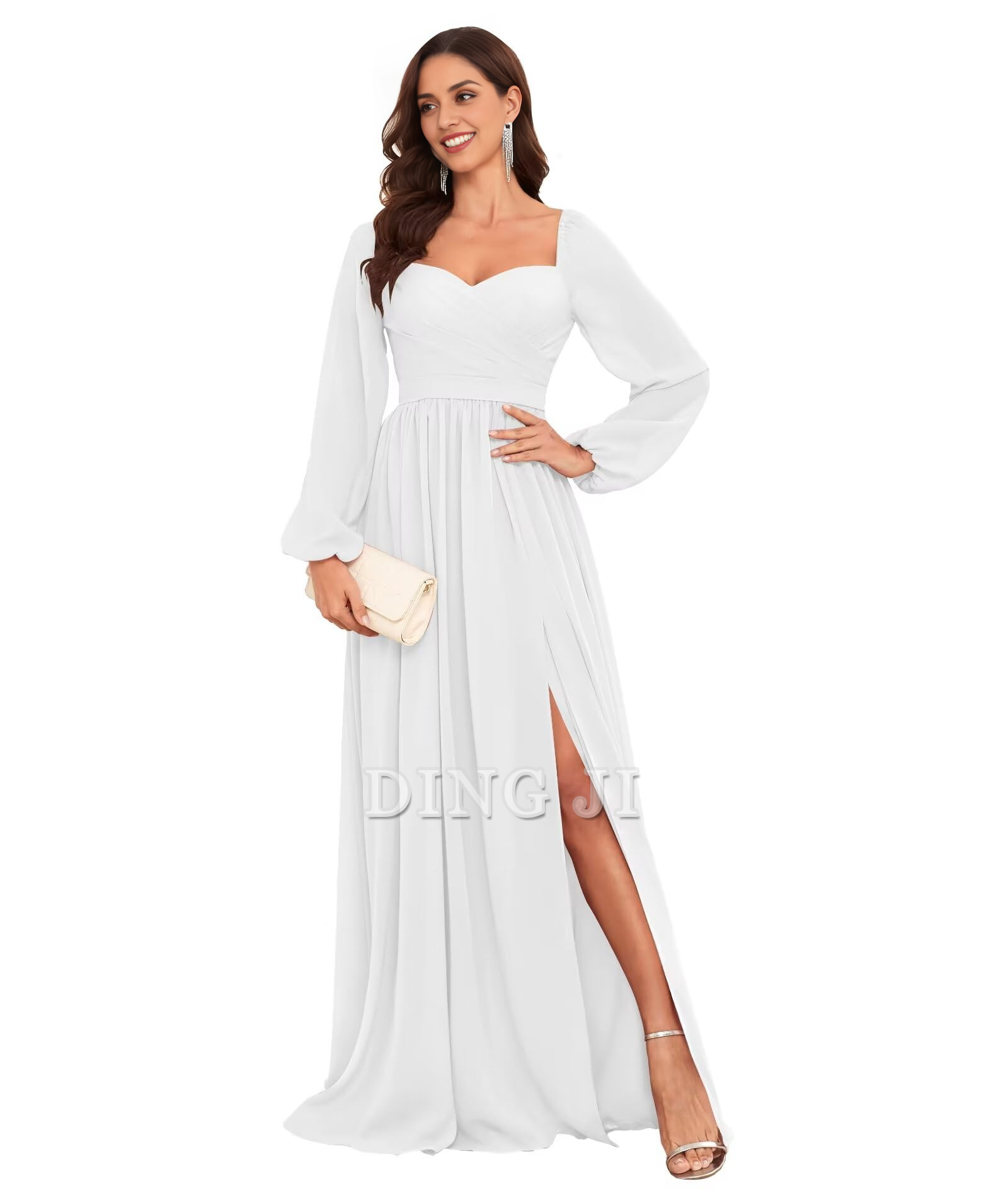 DingJiDress Bridesmaid Dresses Sweetheart Long Sleeve Pleated Side Fork Chiffon Elegant Long Formal Wear Dresses