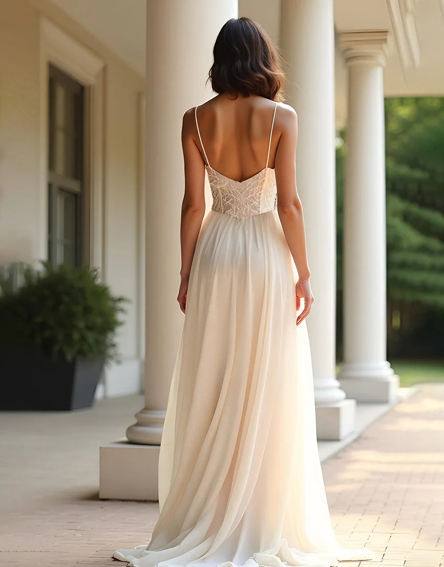 Champagne colored decal A-line version long slit ball gown