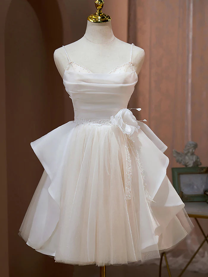 Cute Spaghetti Straps A Line Beading Tulle Short Homecoming Dresses