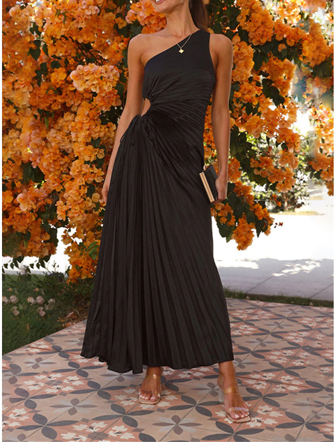 Women's Prom Dress Party Dress Cut Out Dress Pleated Drawstring One Shoulder Sleeveless Valentine's Day Wedding Guest Elegant Black Light Purple Summer Spring