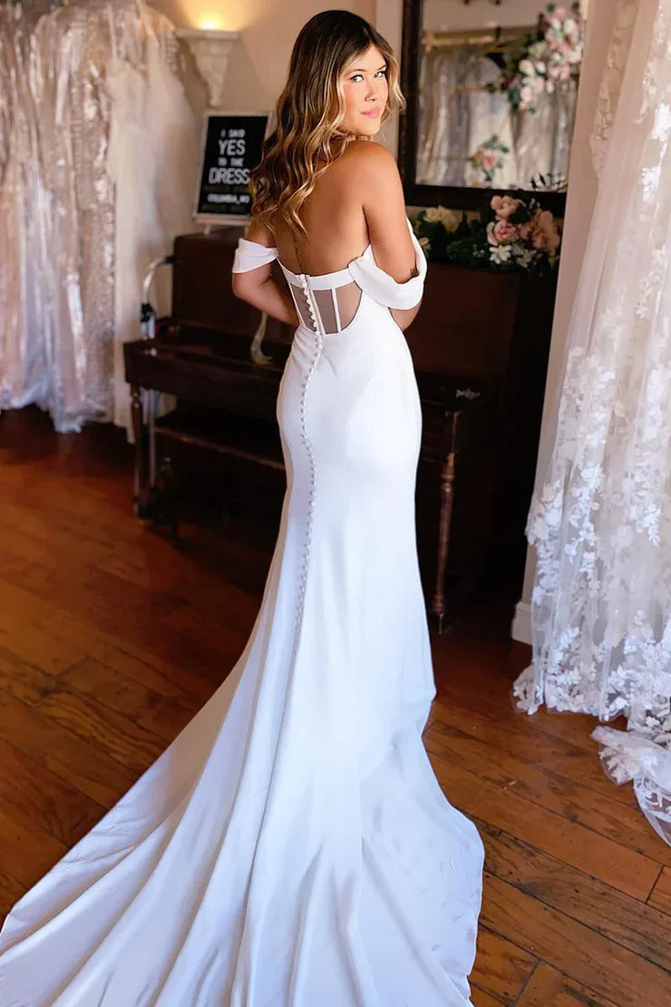 Elegant Mermaid Off the Shoulder Elastic Satin Long Beach Wedding Dresses