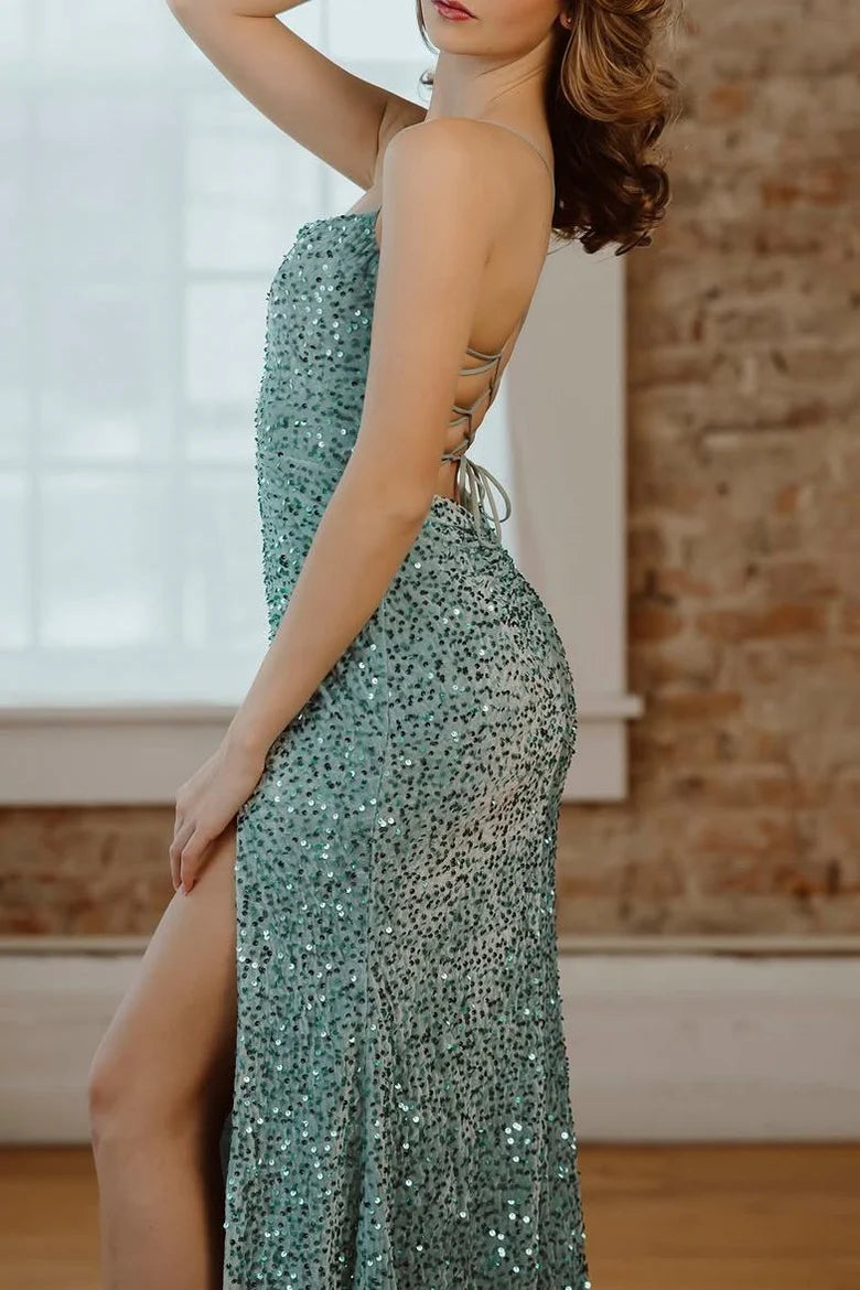 Spaghetti Straps Sequined High Slit Sleeveless Long Prom Dress