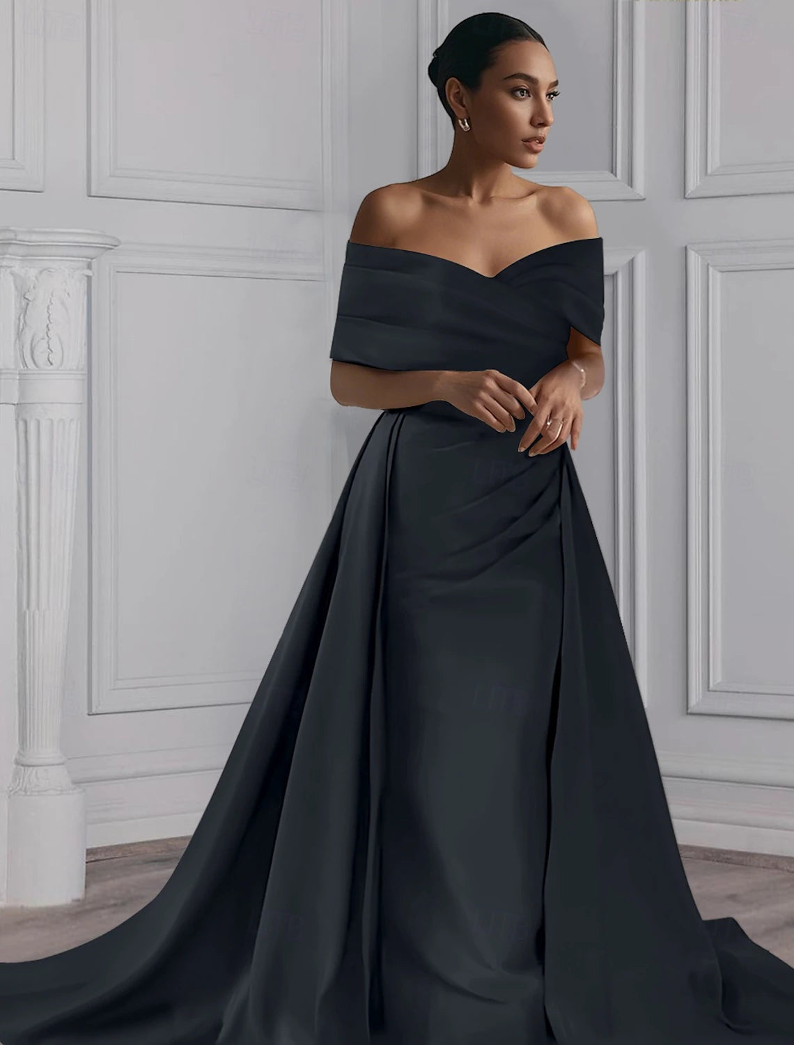 Evening Dress With Detachable Skirt Off Shoulder Elegant Pleats Drapped Formal Wedding Guest Elegant Party Floor Length Off Shoulder Sleeve Satin Solid Colour
