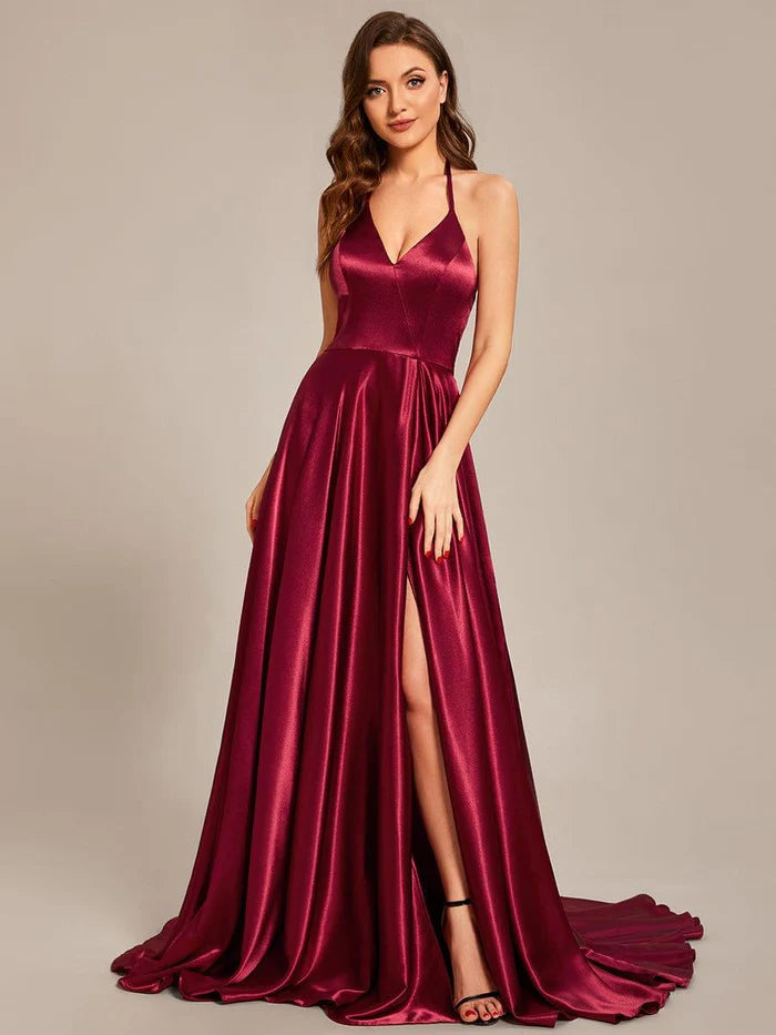 Halter Neck High Front Slit Floor Length Prom Dress