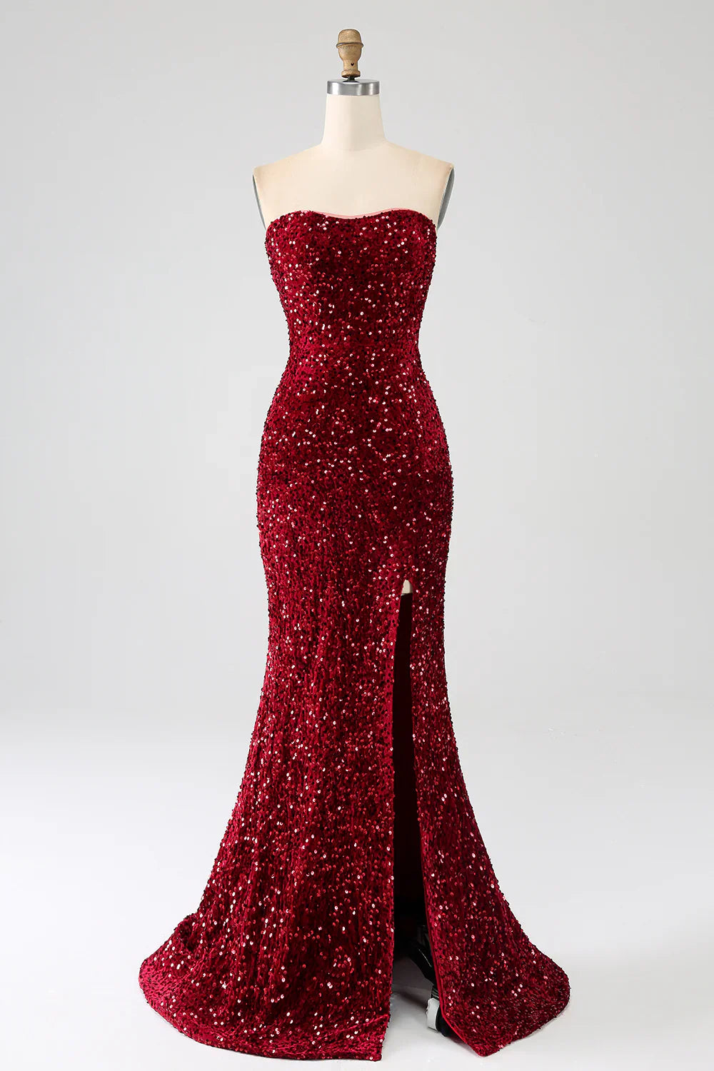 DingJiDress Red Strapless Sequins Long Mermaid Prom Dress With Slit