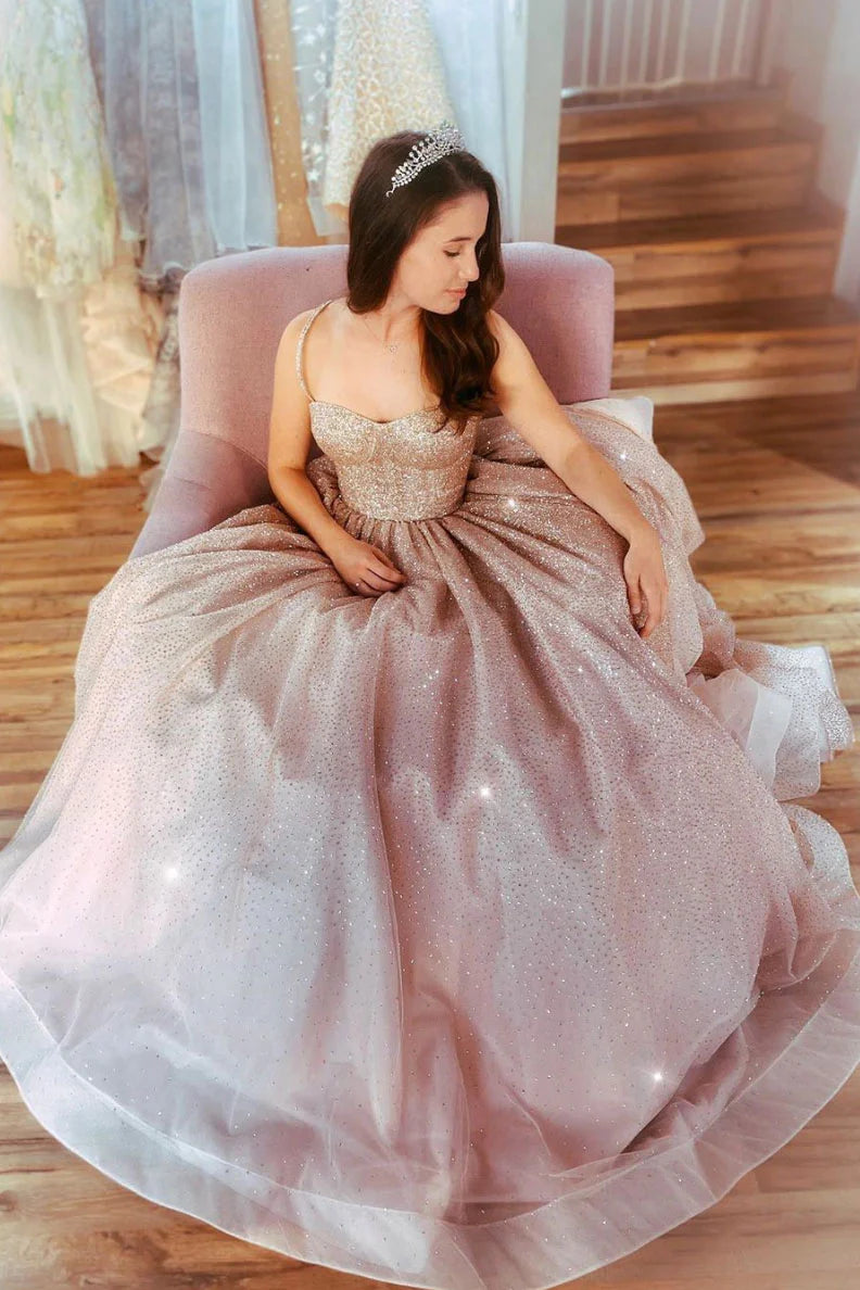 Pink sweetheart tulle sequin long prom dress tulle formal dress ﻿
