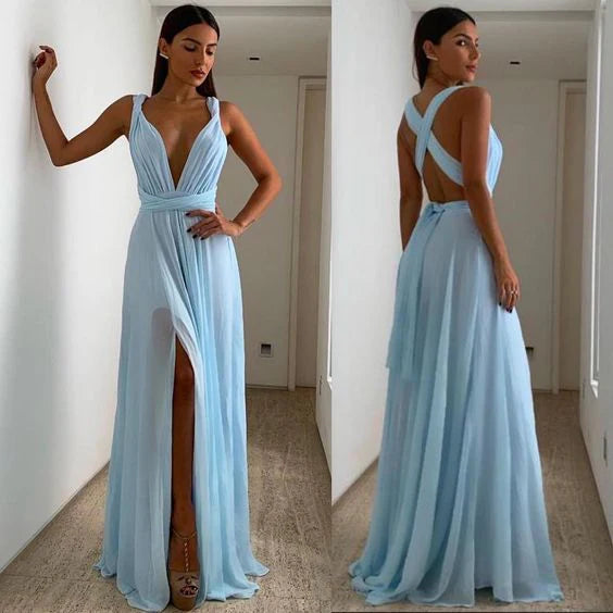 Simple light blue long evening gown with tassel A-line formal party dress
