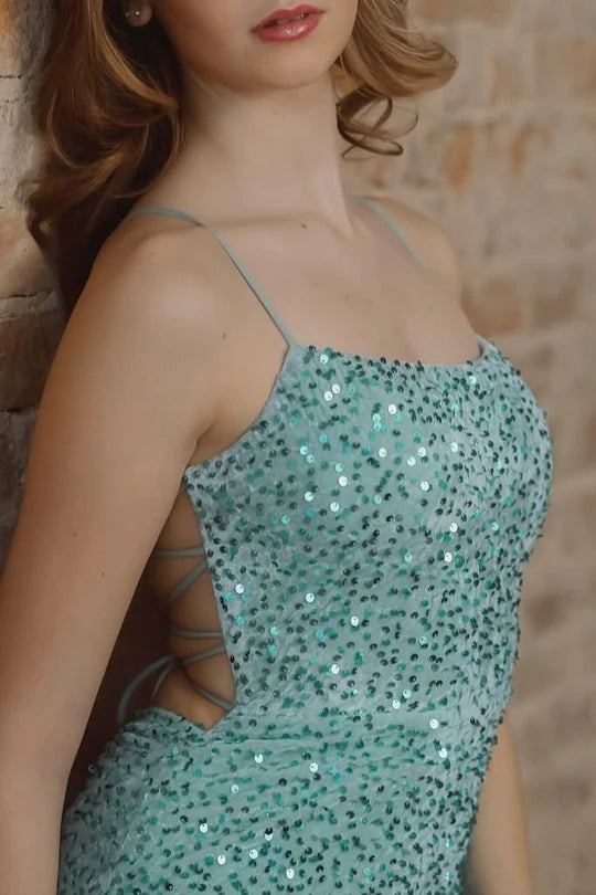 Spaghetti Straps Sequined High Slit Sleeveless Long Prom Dress