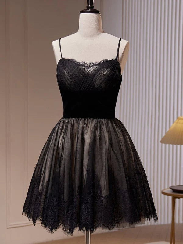 Black Spaghetti Straps Lace Tulle Short Homecoming Dresses