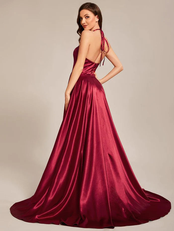 Halter Neck High Front Slit Floor Length Prom Dress