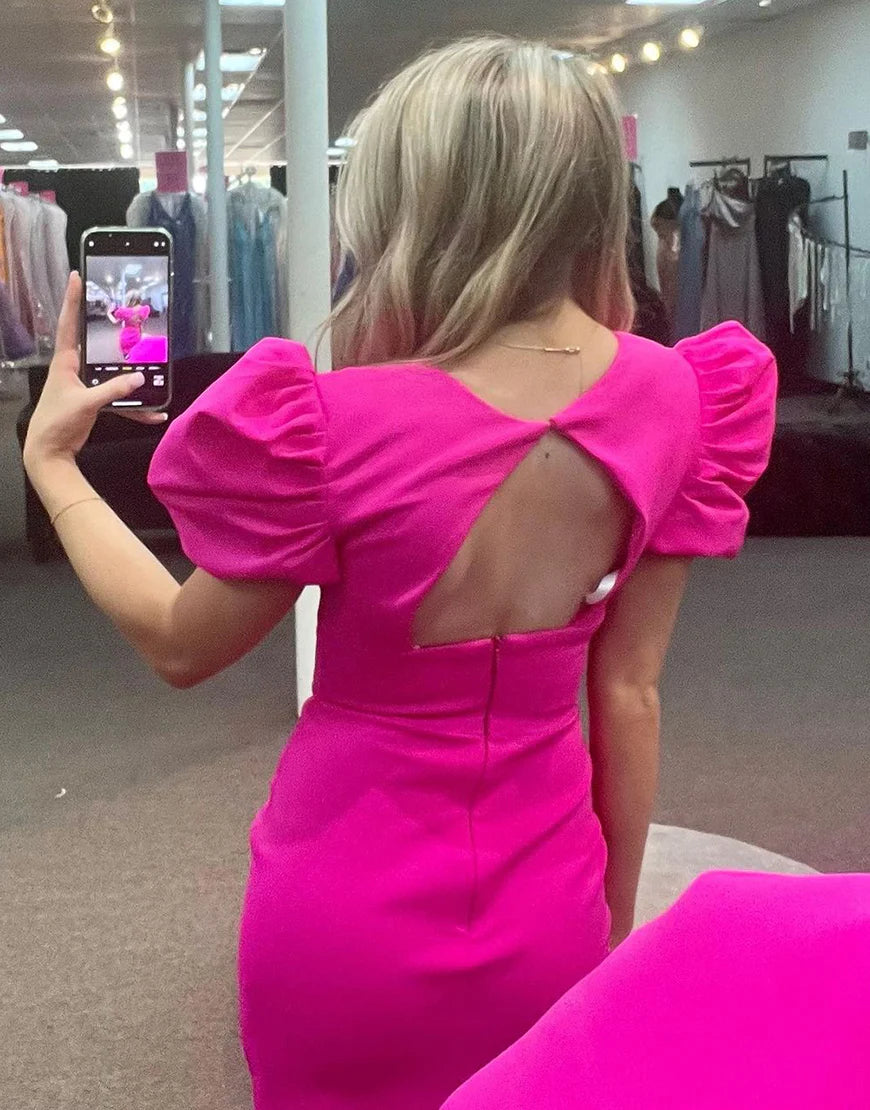 Pink deep V-neck backless fluffy sleeve short back school dress