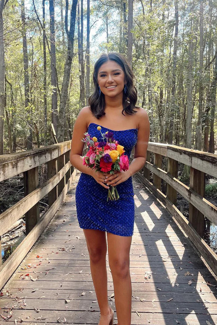 Strapless Royal Blue Sequins Short Homecoming Dresses