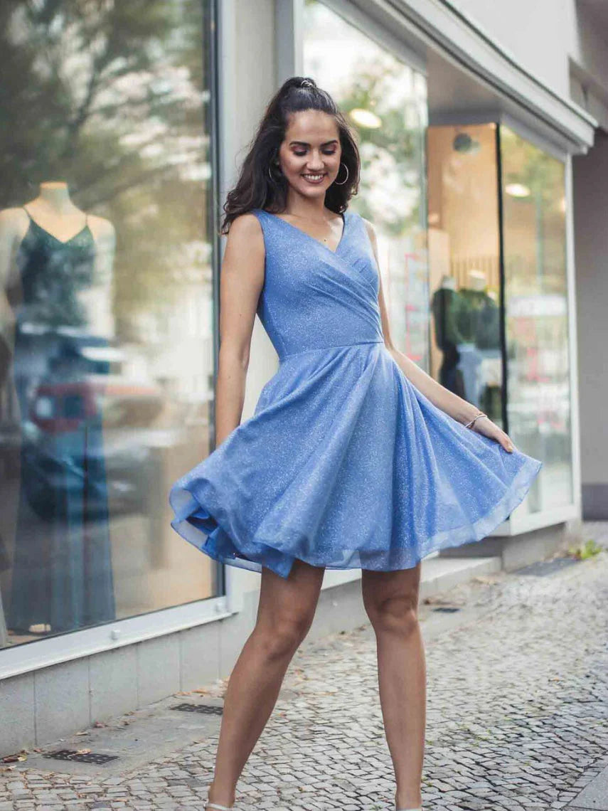 Simple v neck tulle short prom dress blue tulle homecoming dress