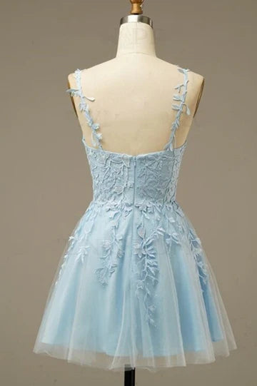 Light Blue Appliques A-line Short Homecoming Dress