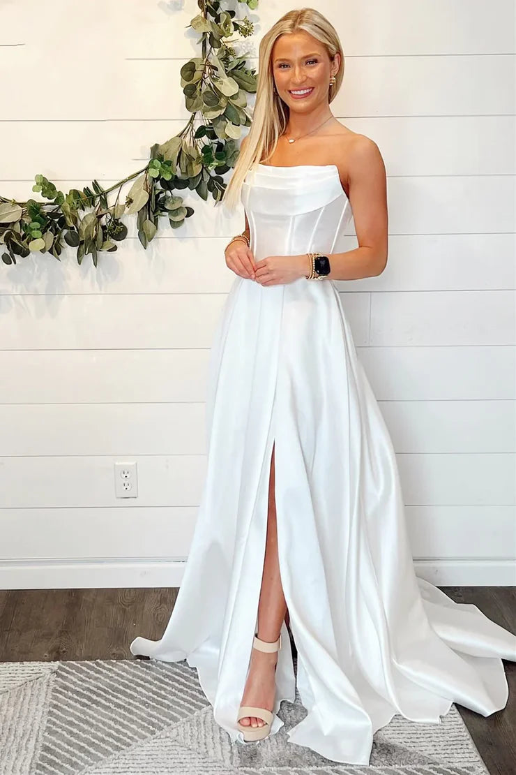 Simple A Line Cowl Neck Satin Long Slit Wedding Dresses