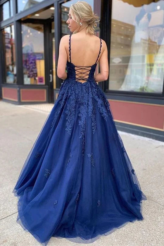 Charming Dark Blue A-Line V Neck Sleeveless Lace Appliques Lace-Up Floor-Length Prom Dress