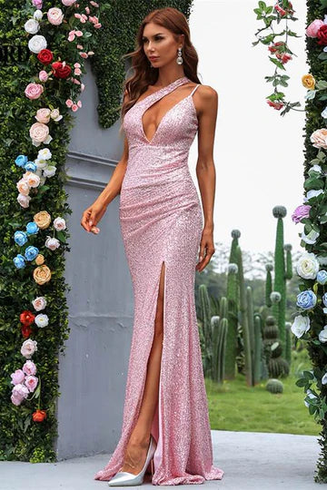Pink Sequin One-Shoulder Cutout Mermaid Long Evening Dress