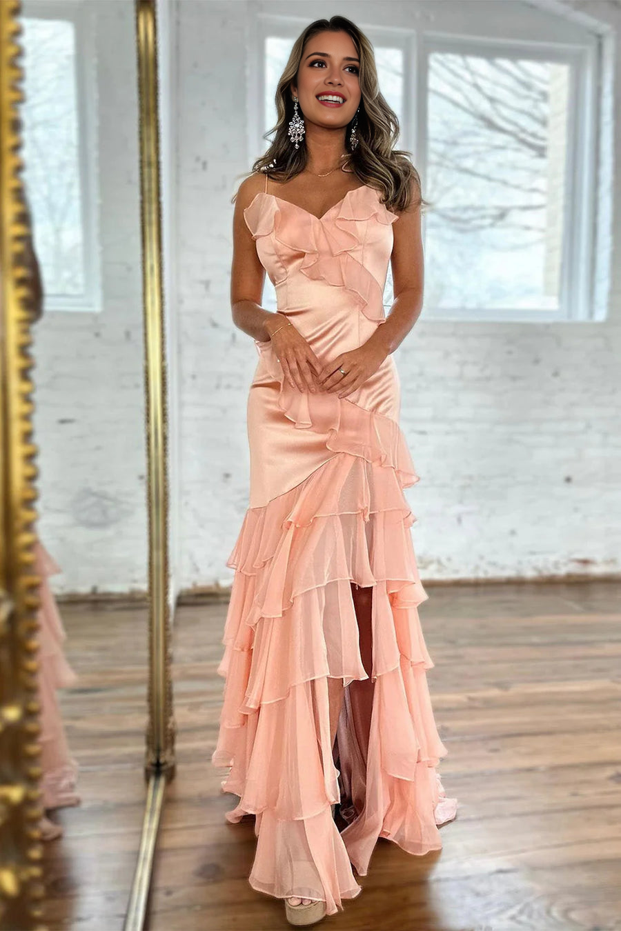 DingJiDress Formal Dress Exquisite Sheath V-Neck Spaghetti Strap Sleeveless Empire Ruffled Tiers Party Prom Dress