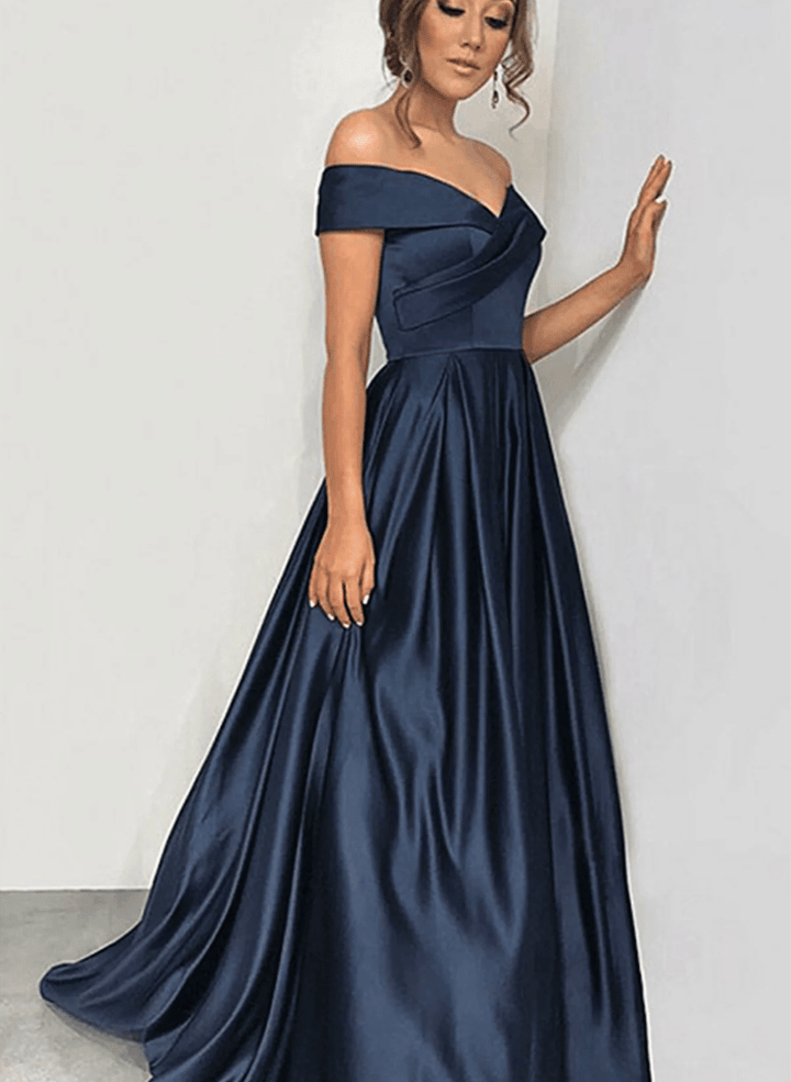 Dark Navy Blue Long Prom DressOff Shoulder Dark Navy Blue Satin Party Dress