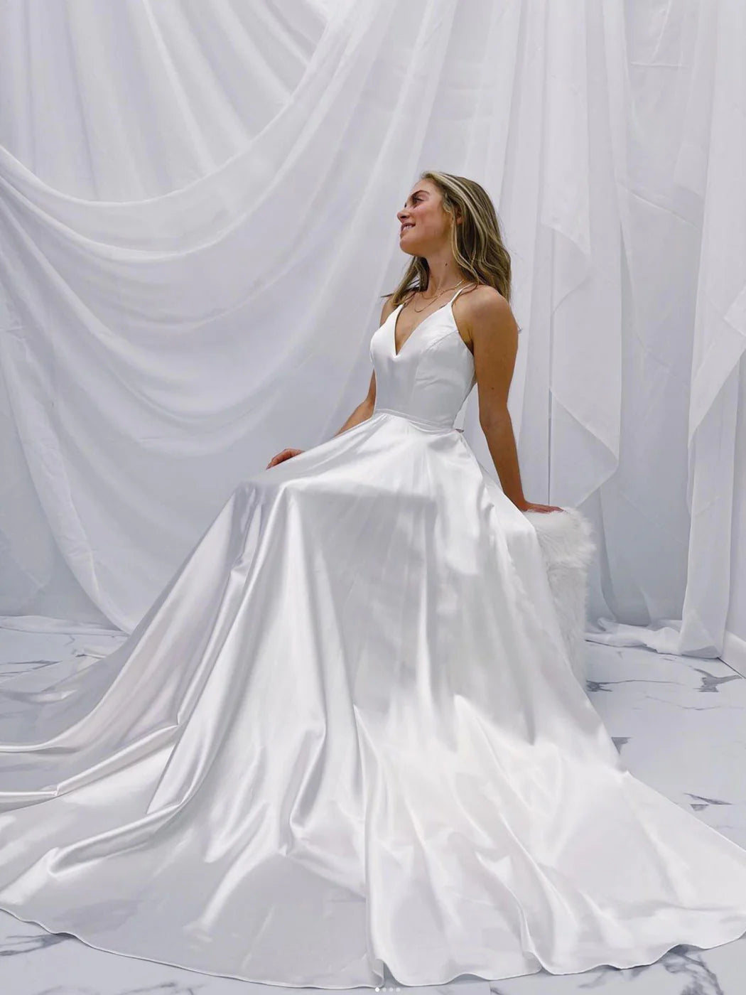 Simple white v neck satin long prom dress white A line evening dress