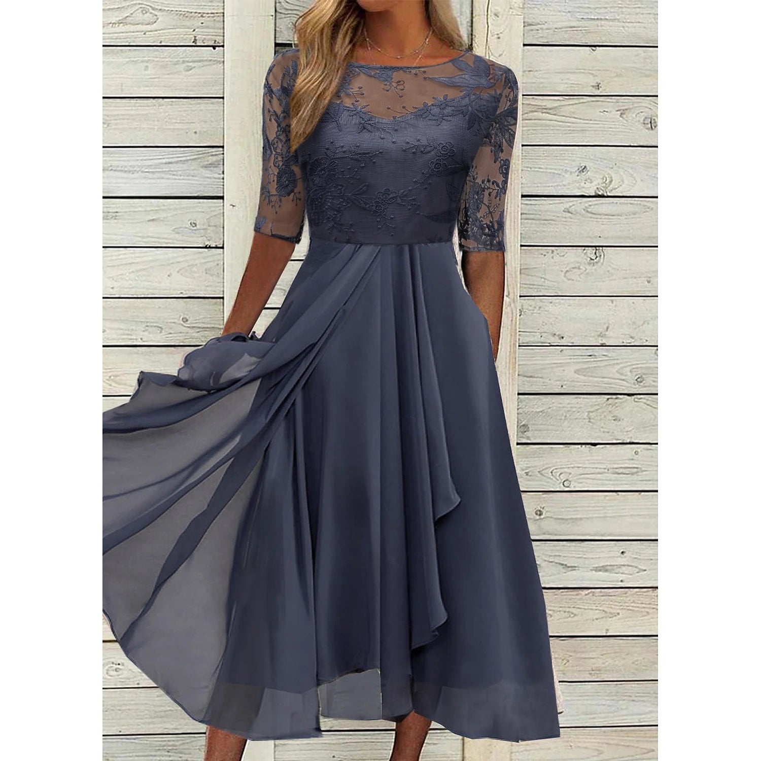Women's Cocktail Party Dress Lace Dress Midi Dress Green Blue Purple Half Sleeve Floral Embroidery Lace Summer Spring Crew Neck Elegant Classic Wedding Guest