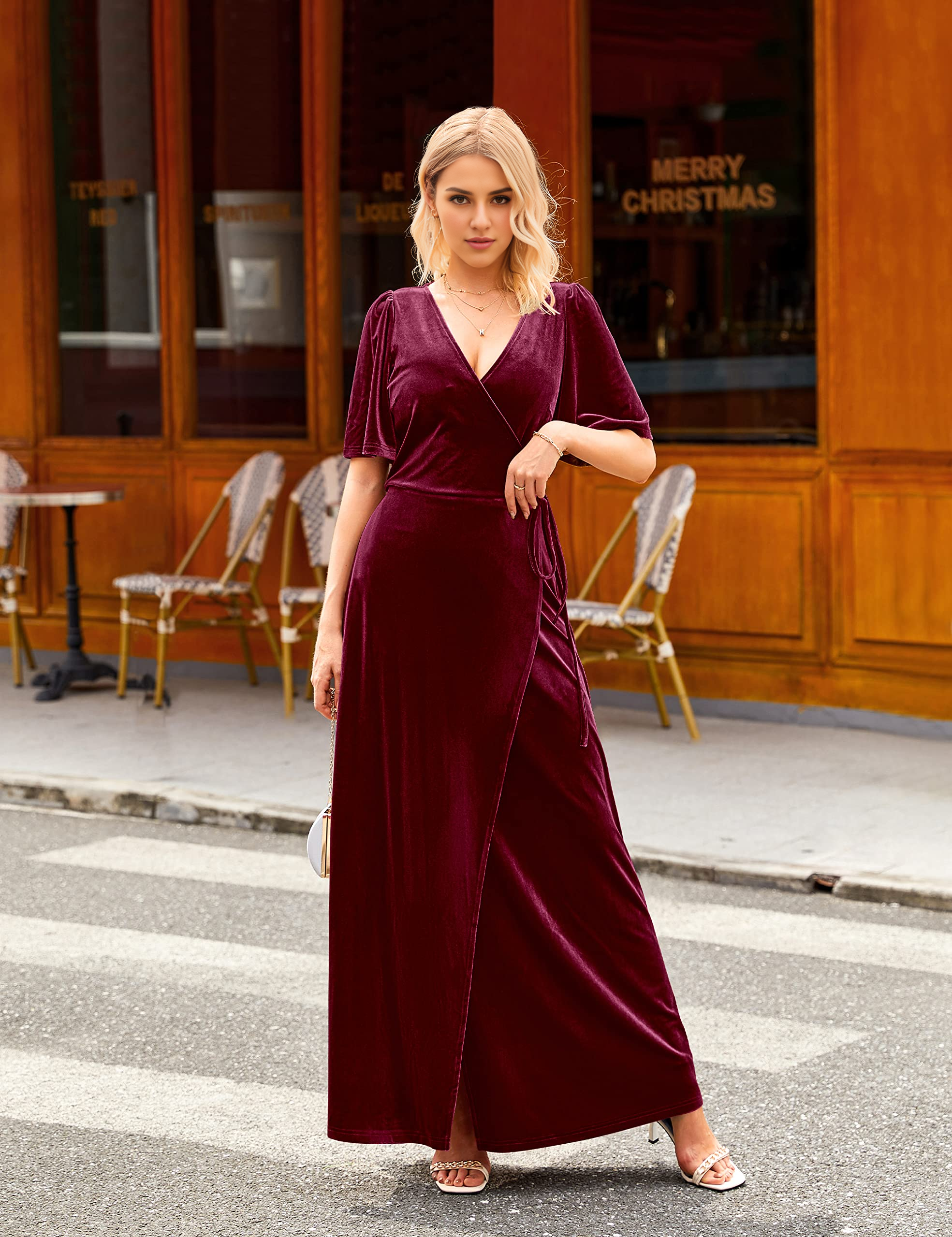DingJiDress Wedding Guest Dress Women's V Neck Wrap Velvet Maxi Dress Bell Sleeve Split Bridesmaid Cocktail Party Dresses Formal Wear Dresses Evening Dress